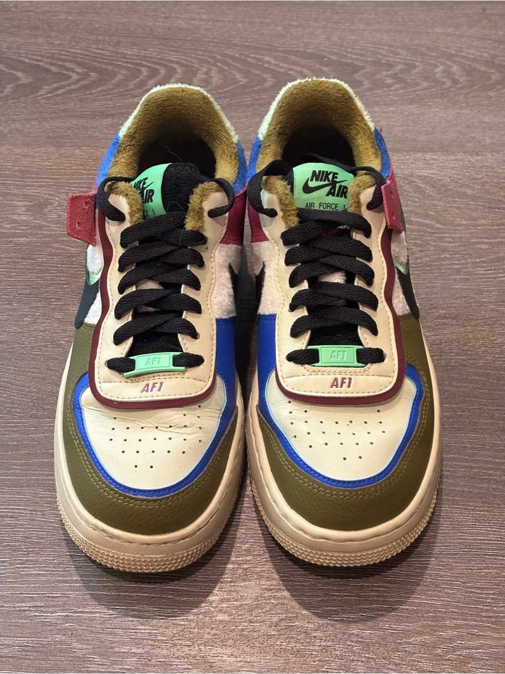 Nike Multicolor Air Force 1 Low — Olive, Electric Blue, and Aqua